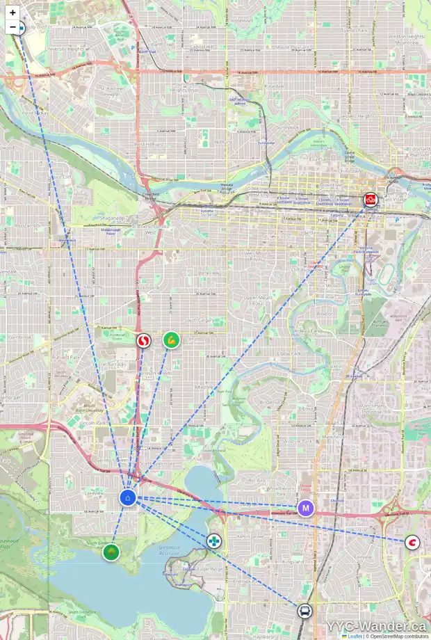 Daily accessibility map for 2619 63 AV SW, Calgary showing nearby schools, grocery stores, parks, LRT stations and nearby amenities