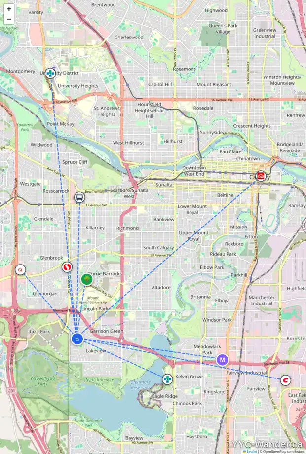 Daily accessibility map for 3604 58 AV SW, Calgary showing nearby schools, grocery stores, parks, LRT stations and nearby amenities
