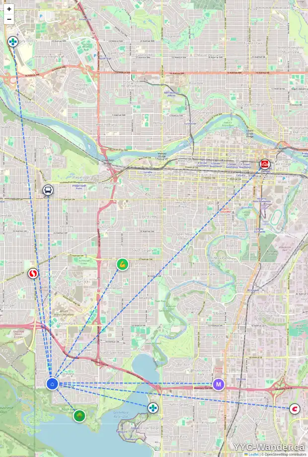Daily accessibility map for 6612 34 ST SW, Calgary showing nearby schools, grocery stores, parks, LRT stations and nearby amenities