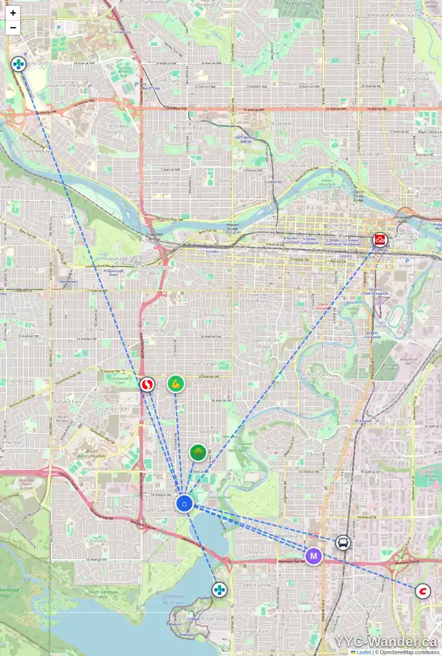 Daily accessibility map for 2015 55 AV SW, Calgary showing nearby schools, grocery stores, parks, LRT stations and nearby amenities