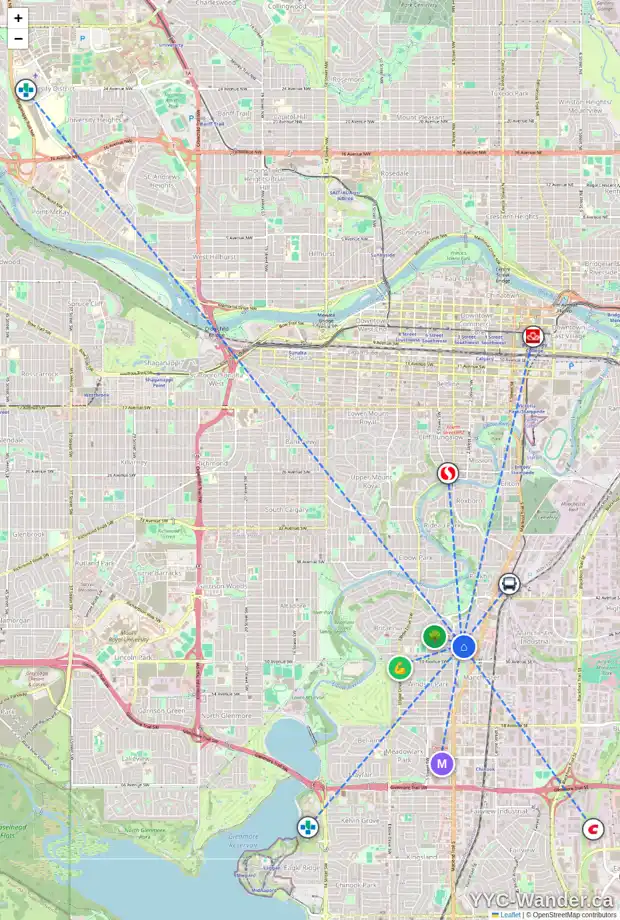 Daily accessibility map for 331 47 AV SW, Calgary showing nearby schools, grocery stores, parks, LRT stations and nearby amenities