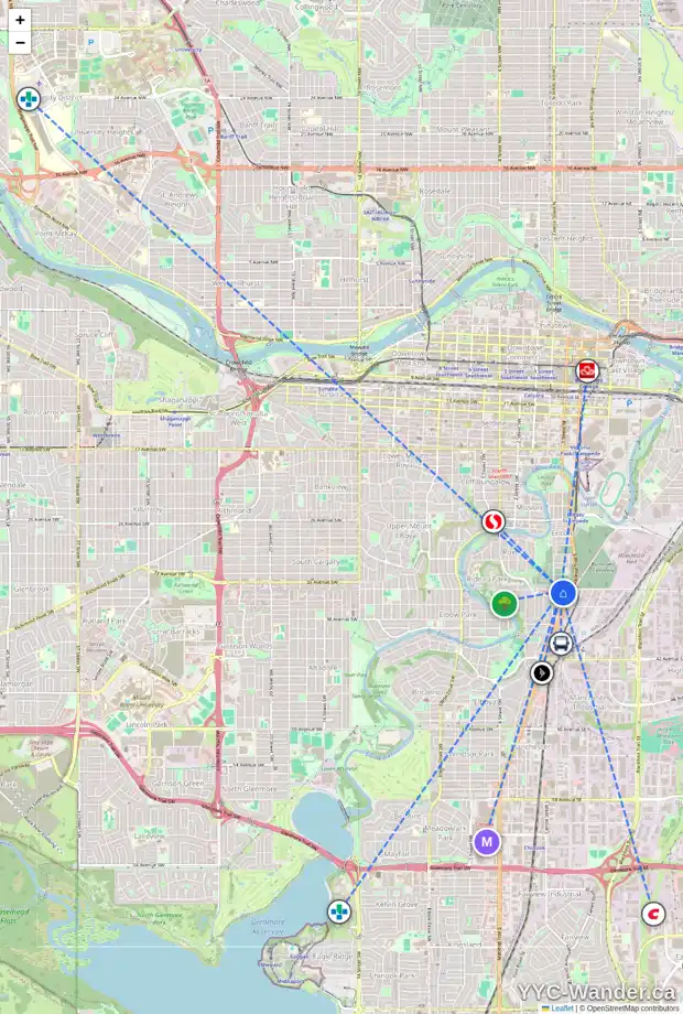 Daily accessibility map for 29 34 AV SW, Calgary showing nearby schools, grocery stores, parks, LRT stations and nearby amenities