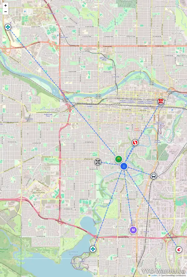 Daily accessibility map for 3803 6 ST SW, Calgary showing nearby schools, grocery stores, parks, LRT stations and nearby amenities