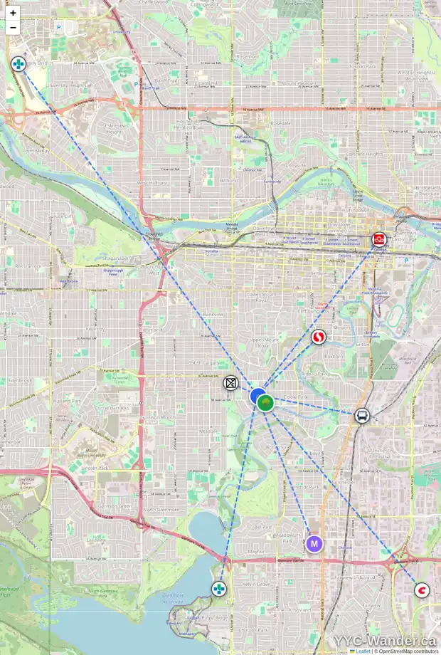 Daily accessibility map for 3819 10 ST SW, Calgary showing nearby schools, grocery stores, parks, LRT stations and nearby amenities