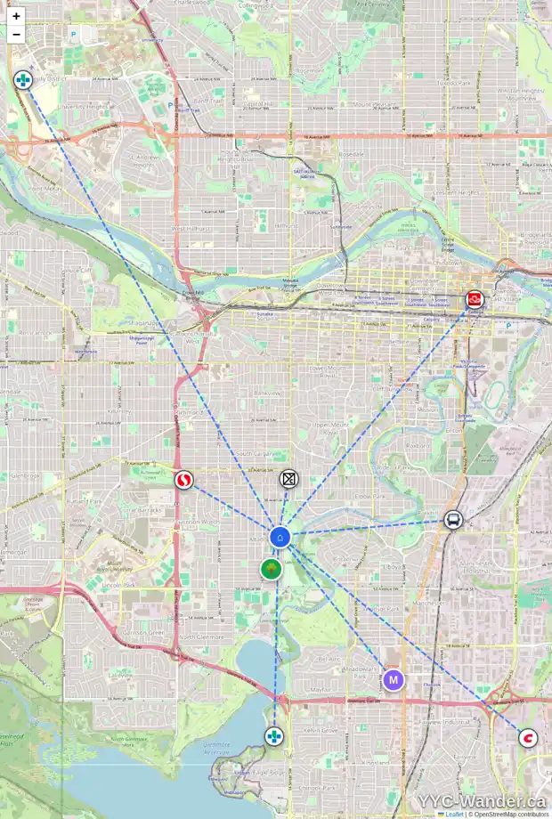 Daily accessibility map for 4312 15 ST SW, Calgary showing nearby schools, grocery stores, parks, LRT stations and nearby amenities