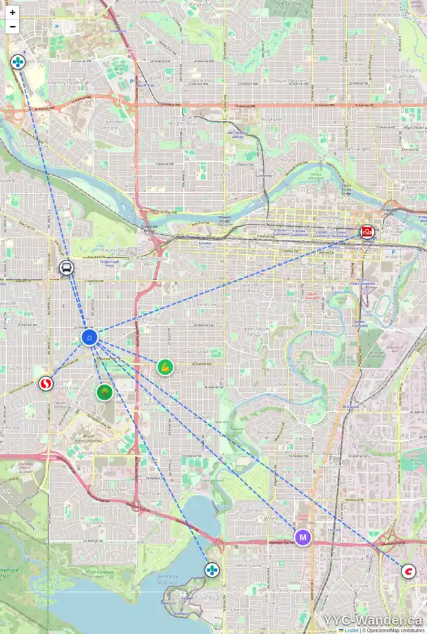Daily accessibility map for 2840 30 ST SW, Calgary showing nearby schools, grocery stores, parks, LRT stations and nearby amenities