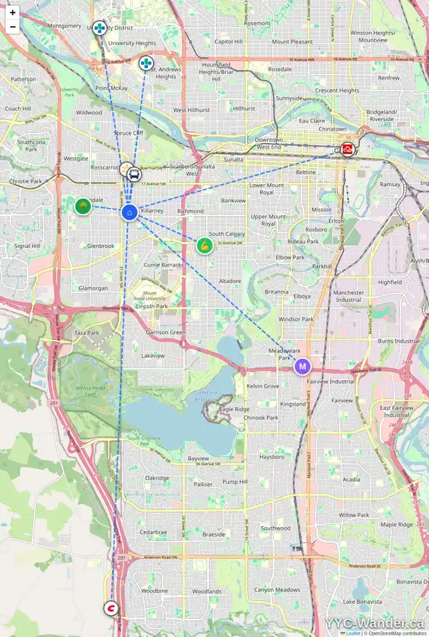 Daily accessibility map for 3601 25 AV SW, Calgary showing nearby schools, grocery stores, parks, LRT stations and nearby amenities