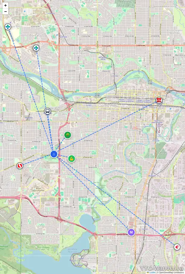 Daily accessibility map for 2612 32 AV SW, Calgary showing nearby schools, grocery stores, parks, LRT stations and nearby amenities