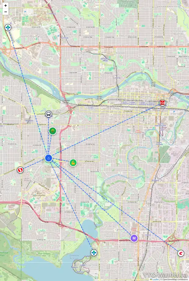 Daily accessibility map for 2724 32 AV SW, Calgary showing nearby schools, grocery stores, parks, LRT stations and nearby amenities