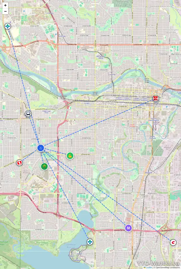 Daily accessibility map for 3210 29 ST SW, Calgary showing nearby schools, grocery stores, parks, LRT stations and nearby amenities