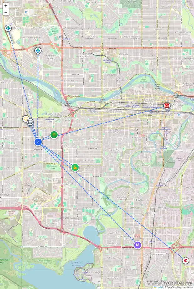 Daily accessibility map for 2406 31 ST SW, Calgary showing nearby schools, grocery stores, parks, LRT stations and nearby amenities