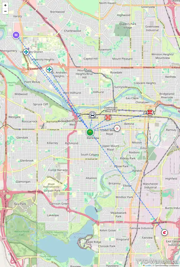 Daily accessibility map for 1815 17 ST SW, Calgary showing nearby schools, grocery stores, parks, LRT stations and nearby amenities