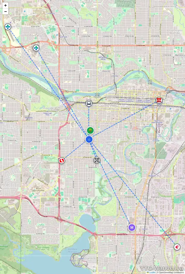 Daily accessibility map for 601 1711 25 AV SW, Calgary showing nearby schools, grocery stores, parks, LRT stations and nearby amenities