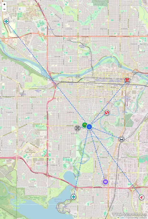 Daily accessibility map for 3412 9 ST SW, Calgary showing nearby schools, grocery stores, parks, LRT stations and nearby amenities