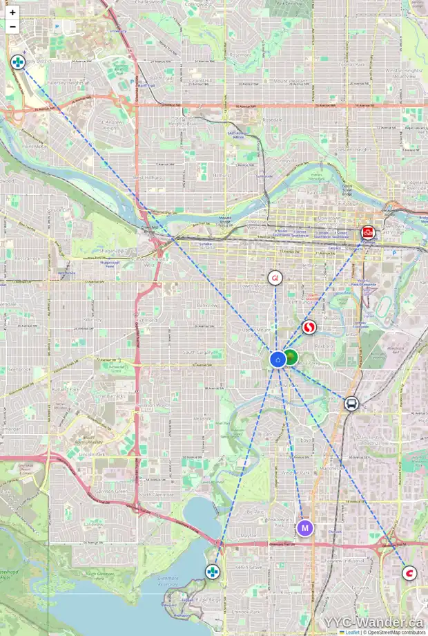 Daily accessibility map for 714 32 AV SW, Calgary showing nearby schools, grocery stores, parks, LRT stations and nearby amenities