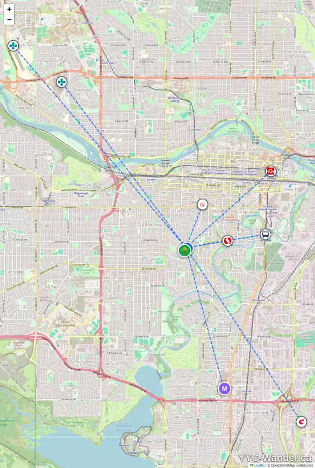 Daily accessibility map for 1102 TALON AV SW, Calgary showing nearby schools, grocery stores, parks, LRT stations and nearby amenities