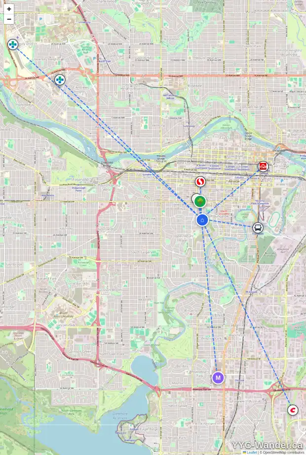 Daily accessibility map for 2109 7 ST SW, Calgary showing nearby schools, grocery stores, parks, LRT stations and nearby amenities