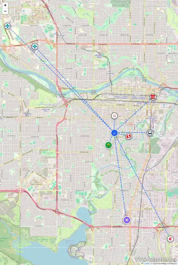 Daily accessibility map for 845 PROSPECT AV SW, Calgary showing nearby schools, grocery stores, parks, LRT stations and nearby amenities