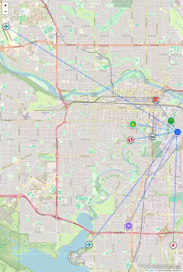 Daily accessibility map for 805 22 AV SE, Calgary showing nearby schools, grocery stores, parks, LRT stations and nearby amenities