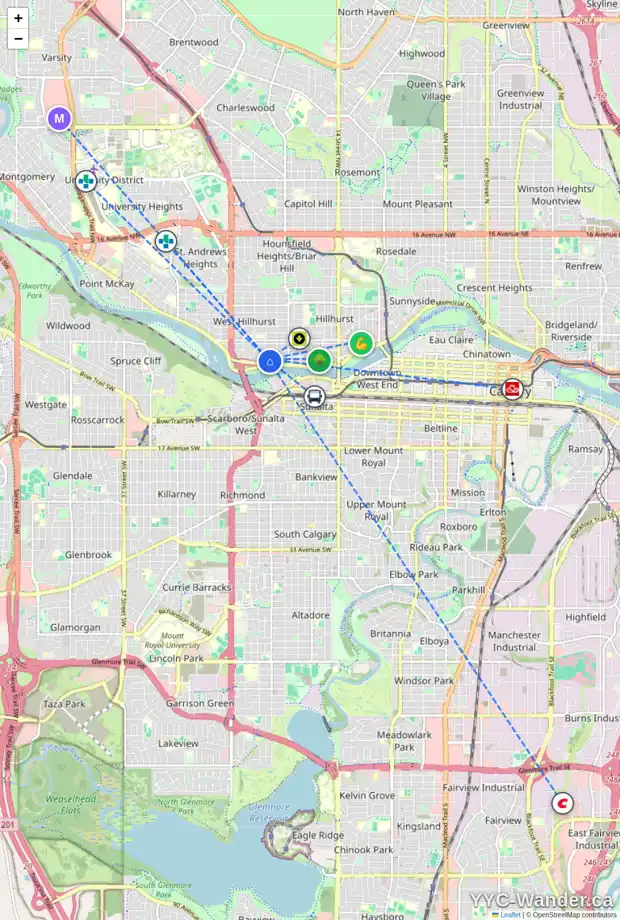 Daily accessibility map for 2135 BROADVIEW RD NW, Calgary showing nearby schools, grocery stores, parks, LRT stations and nearby amenities