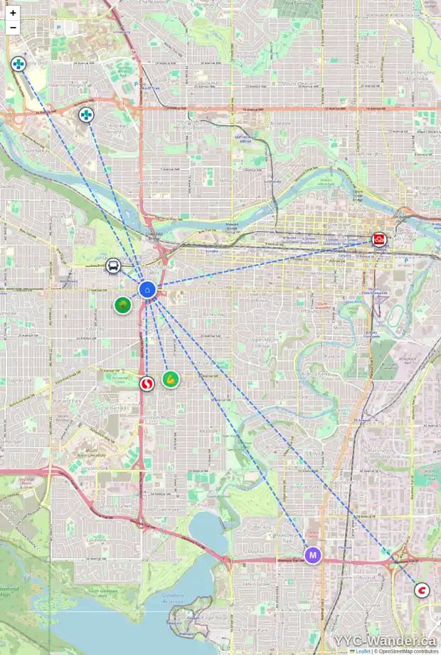 Daily accessibility map for 2424 17 AV SW, Calgary showing nearby schools, grocery stores, parks, LRT stations and nearby amenities