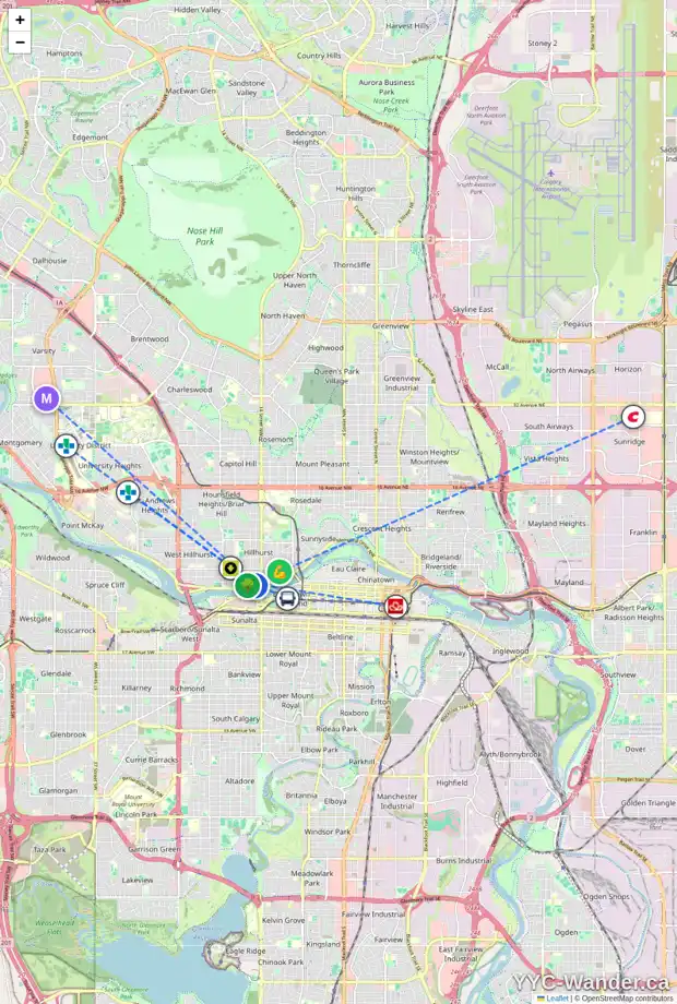 Daily accessibility map for 1639 BROADVIEW RD NW, Calgary showing nearby schools, grocery stores, parks, LRT stations and nearby amenities
