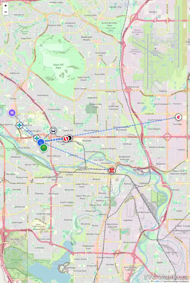 Daily accessibility map for 2931 13 AV NW, Calgary showing nearby schools, grocery stores, parks, LRT stations and nearby amenities