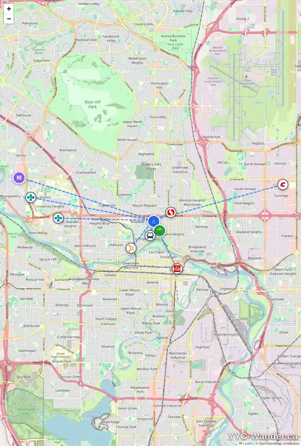 Daily accessibility map for 1432 4A ST NW, Calgary showing nearby schools, grocery stores, parks, LRT stations and nearby amenities