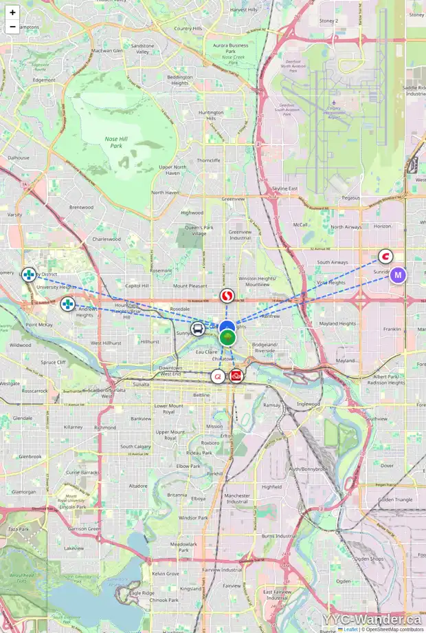 Daily accessibility map for 109 8 AV NE, Calgary showing nearby schools, grocery stores, parks, LRT stations and nearby amenities