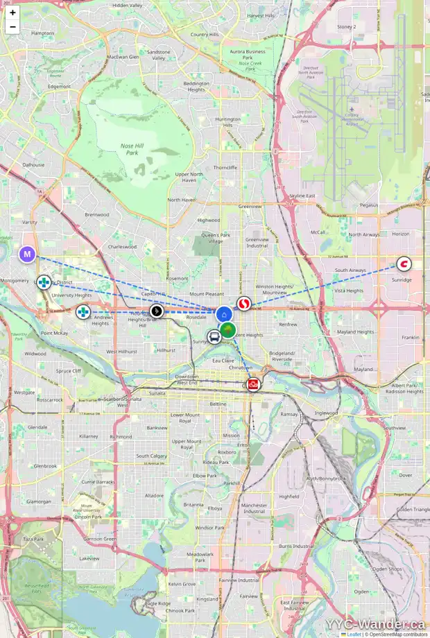 Daily accessibility map for 1515 3 ST NW, Calgary showing nearby schools, grocery stores, parks, LRT stations and nearby amenities