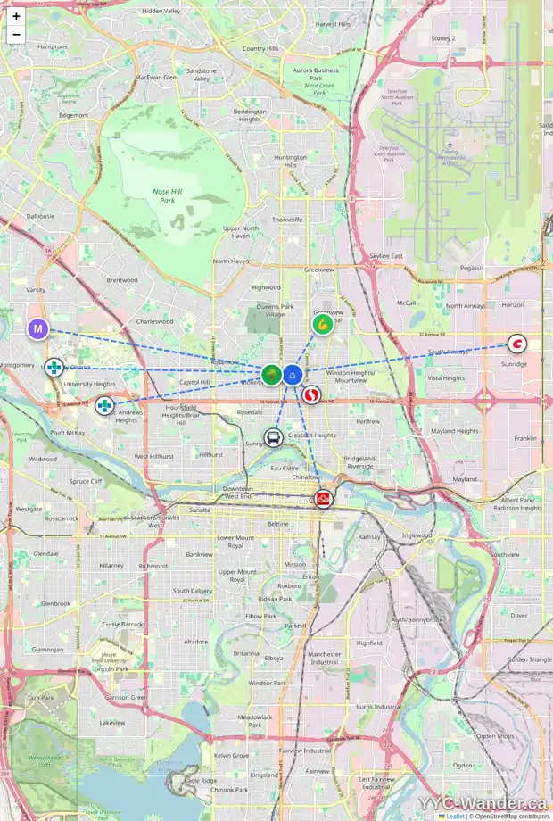 Daily accessibility map for 411 23 AV NW, Calgary showing nearby schools, grocery stores, parks, LRT stations and nearby amenities