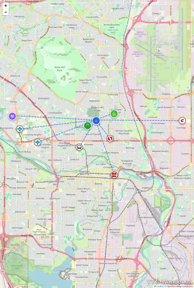 Daily accessibility map for 3104 5A ST NW, Calgary showing nearby schools, grocery stores, parks, LRT stations and nearby amenities