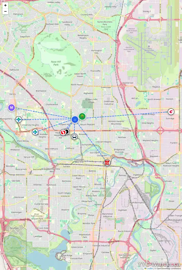 Daily accessibility map for 96 ROSELAWN CR NW, Calgary showing nearby schools, grocery stores, parks, LRT stations and nearby amenities