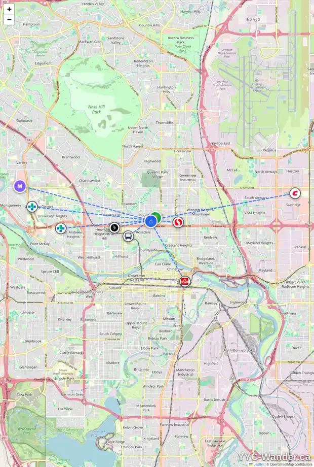 Daily accessibility map for 732 18 AV NW, Calgary showing nearby schools, grocery stores, parks, LRT stations and nearby amenities
