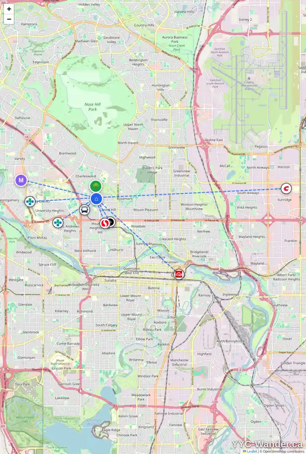 Daily accessibility map for 2543 MORLEY TR NW, Calgary showing nearby schools, grocery stores, parks, LRT stations and nearby amenities