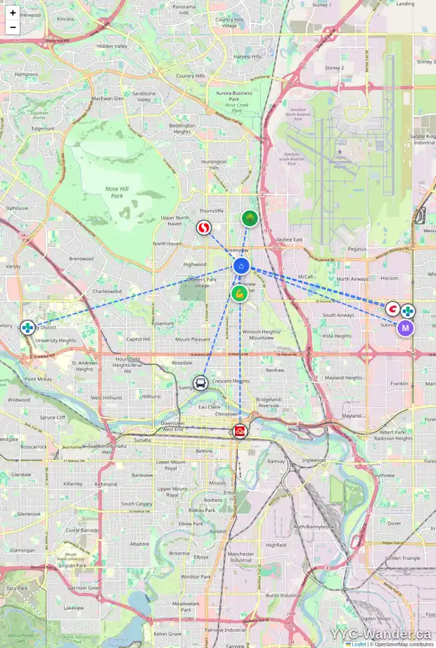 Daily accessibility map for 4431 GREENVIEW DR NE, Calgary showing nearby schools, grocery stores, parks, LRT stations and nearby amenities