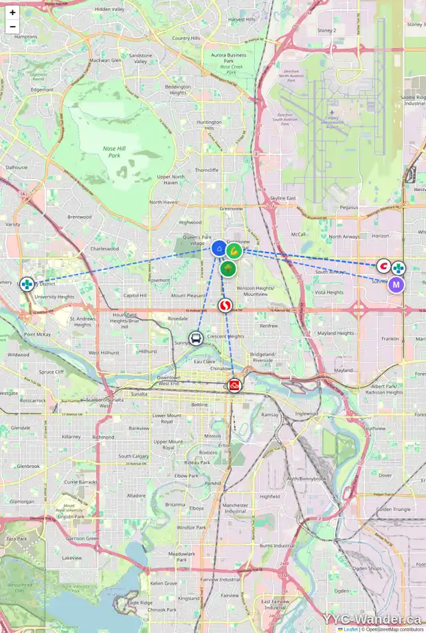 Daily accessibility map for 3617 CENTRE B ST NW, Calgary showing nearby schools, grocery stores, parks, LRT stations and nearby amenities
