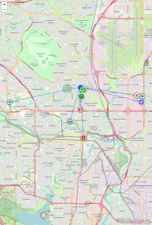 Daily accessibility map for 3801 CENTRE A ST NE, Calgary showing nearby schools, grocery stores, parks, LRT stations and nearby amenities