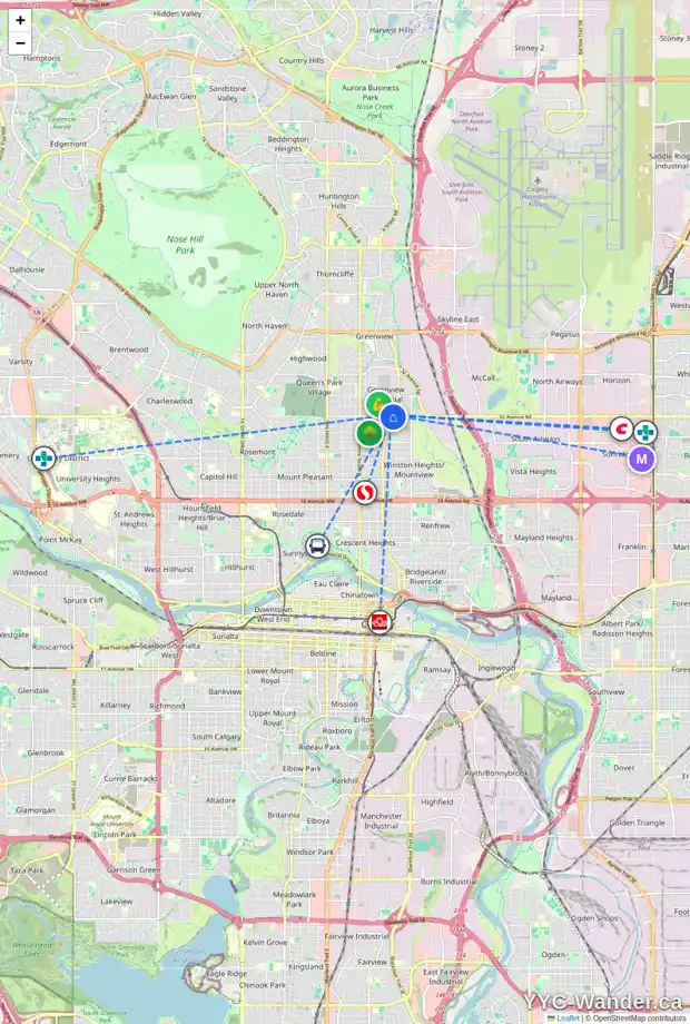 Daily accessibility map for 410 32 AV NE, Calgary showing nearby schools, grocery stores, parks, LRT stations and nearby amenities