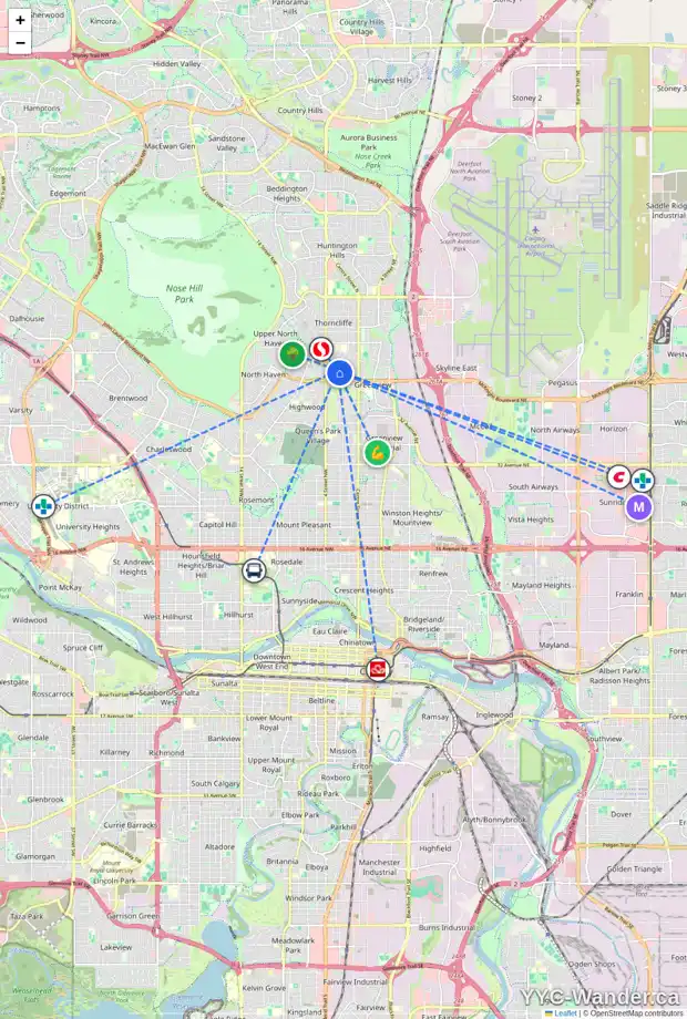 Daily accessibility map for 303 SIMONS RD NW, Calgary showing nearby schools, grocery stores, parks, LRT stations and nearby amenities