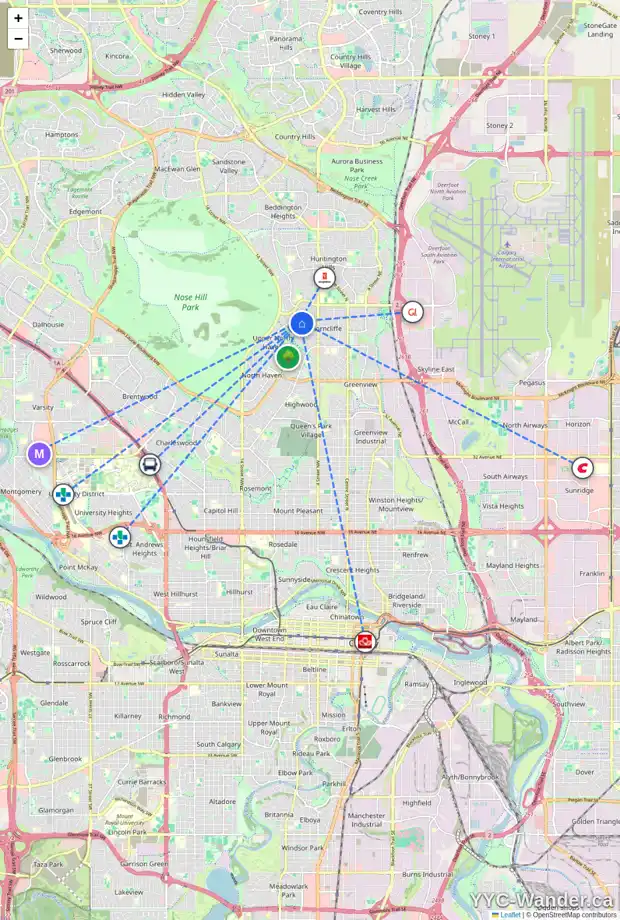 Daily accessibility map for 32 THORNABY CR NW, Calgary showing nearby schools, grocery stores, parks, LRT stations and nearby amenities