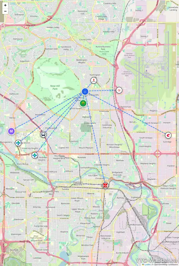Daily accessibility map for 36 THORNWOOD PL NW, Calgary showing nearby schools, grocery stores, parks, LRT stations and nearby amenities