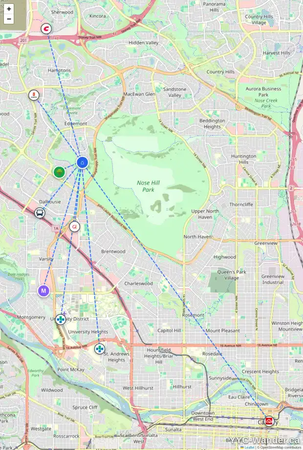 Daily accessibility map for 311 EDELWEISS PL NW, Calgary showing nearby schools, grocery stores, parks, LRT stations and nearby amenities