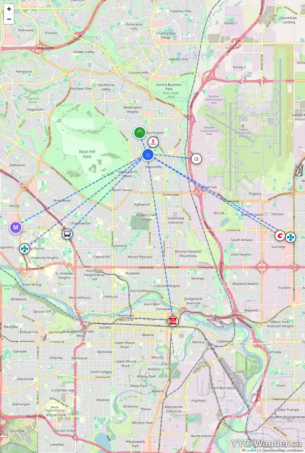 Daily accessibility map for 708 64 AV NW, Calgary showing nearby schools, grocery stores, parks, LRT stations and nearby amenities