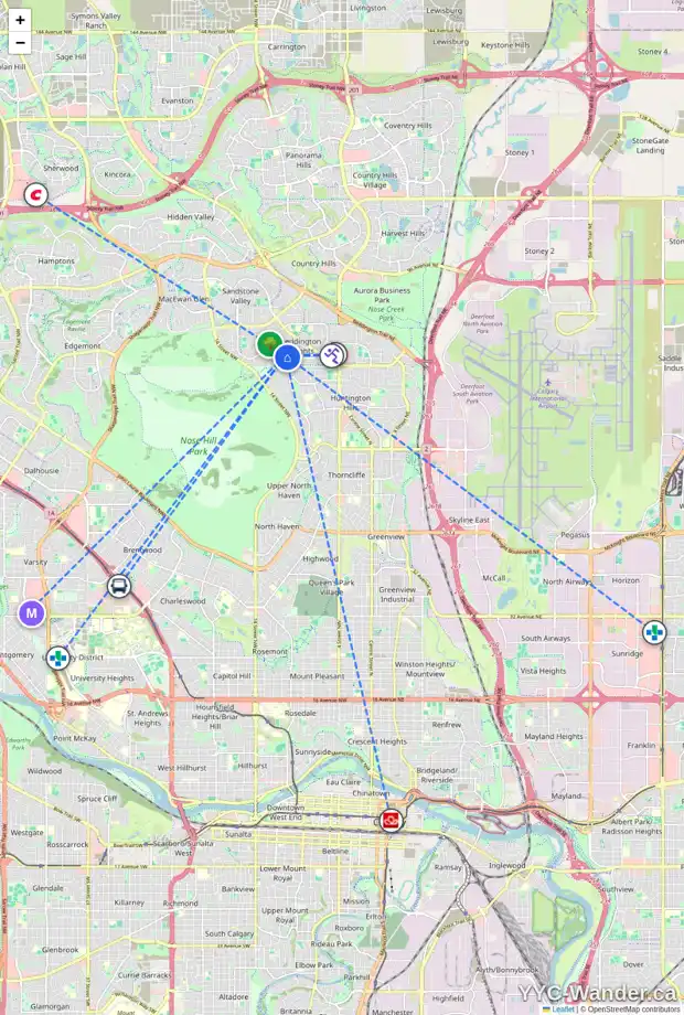 Daily accessibility map for 7 BERMONDSEY RI NW, Calgary showing nearby schools, grocery stores, parks, LRT stations and nearby amenities