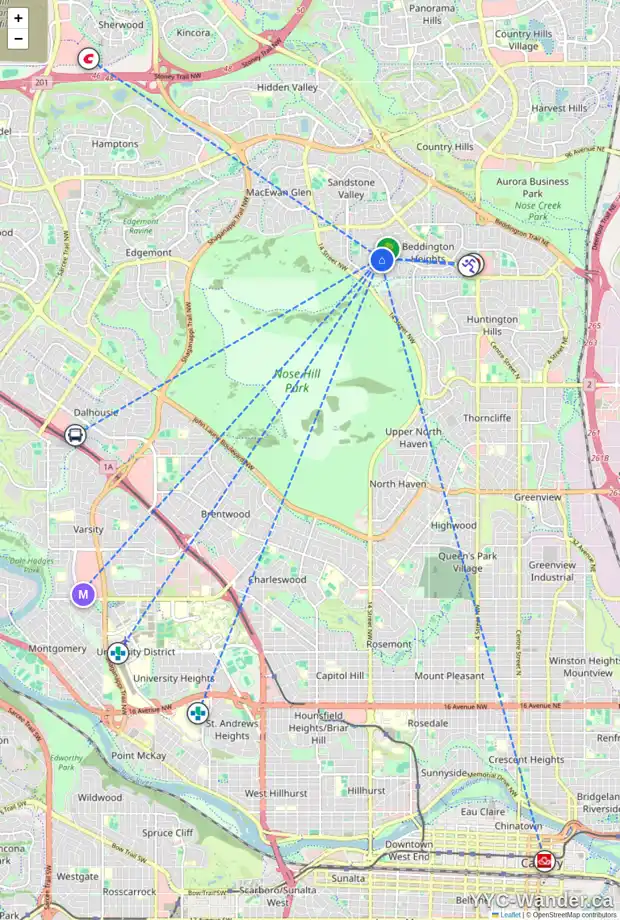 Daily accessibility map for 107 BEACHAM WY NW, Calgary showing nearby schools, grocery stores, parks, LRT stations and nearby amenities