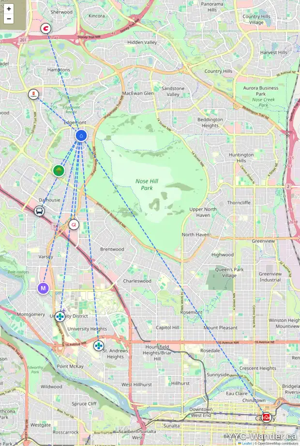 Daily accessibility map for 27 EDFORTH RD NW, Calgary showing nearby schools, grocery stores, parks, LRT stations and nearby amenities