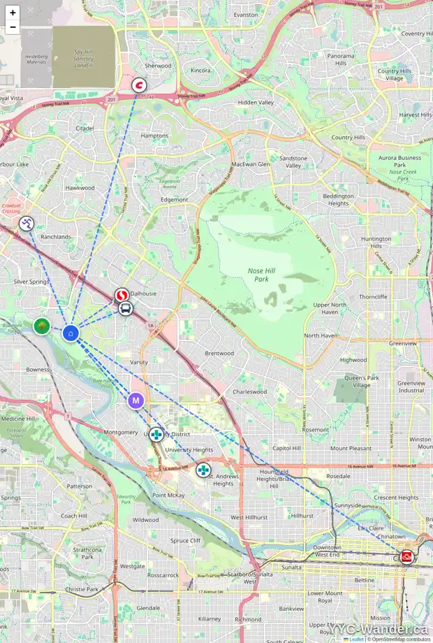 Daily accessibility map for 84 SILVERVIEW WY NW, Calgary showing nearby schools, grocery stores, parks, LRT stations and nearby amenities