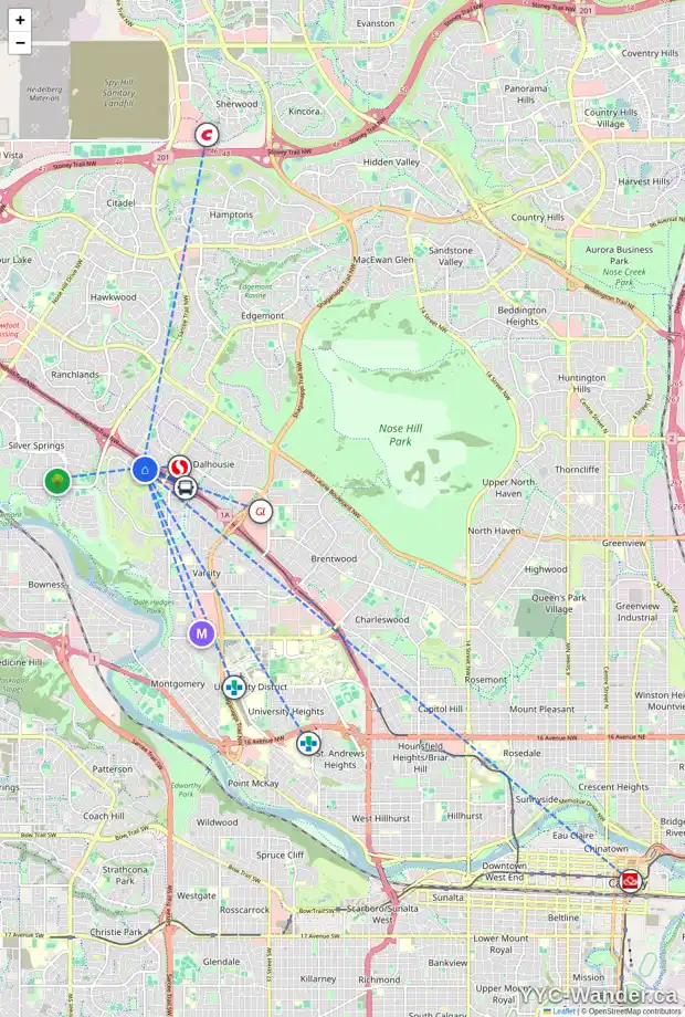 Daily accessibility map for 244 VARSITY ESTATES TC NW, Calgary showing nearby schools, grocery stores, parks, LRT stations and nearby amenities