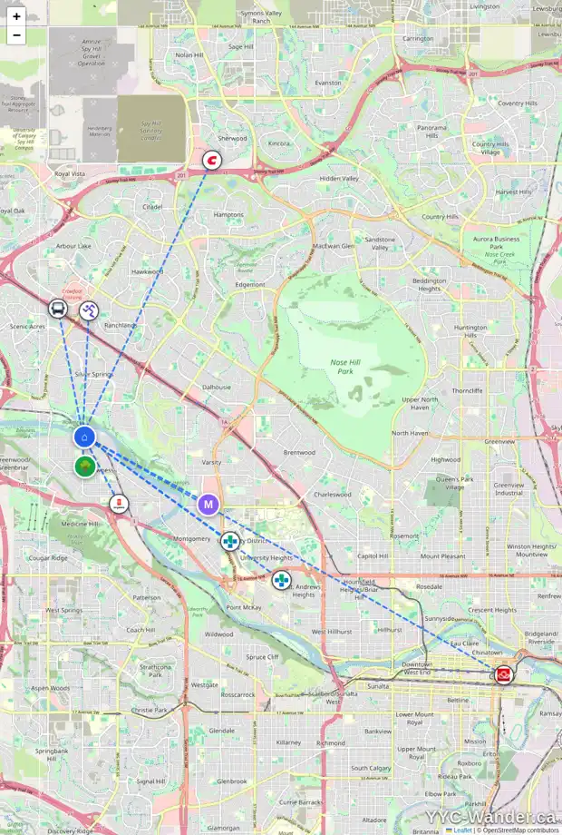 Daily accessibility map for 4923 69 ST NW, Calgary showing nearby schools, grocery stores, parks, LRT stations and nearby amenities